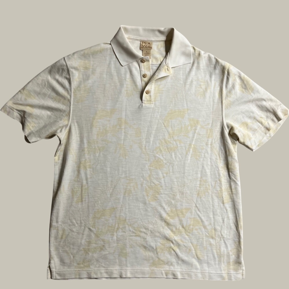 Jos A Bank Mens Large Cream Yellow Tropical Leaf Modal Blend Polo Shirt Shrt Slv